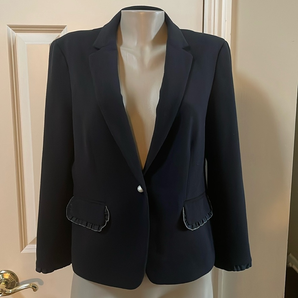 Ann Taylor Black W/Pearl ruffle trim accent Blazer, size 12
